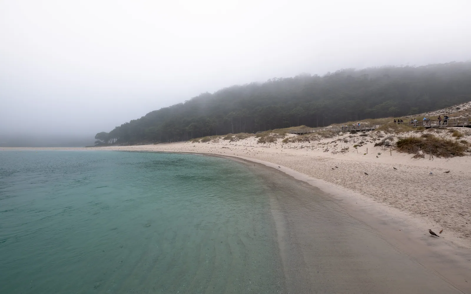 La playa de Rodas en una mañana de niebla