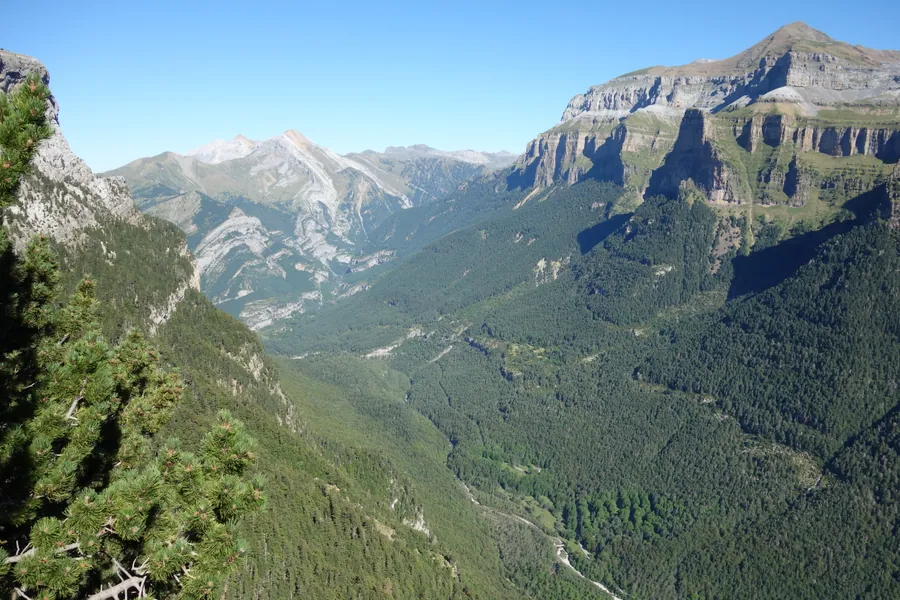 El valle de Ordesa visto desde el mirador de Calcilarruego, en lo alto de la Faja de Pelay, con el Tozal del Mallo y las paredes calizas de la margen norte, Parque Nacional de Ordesa y Monte Perdido