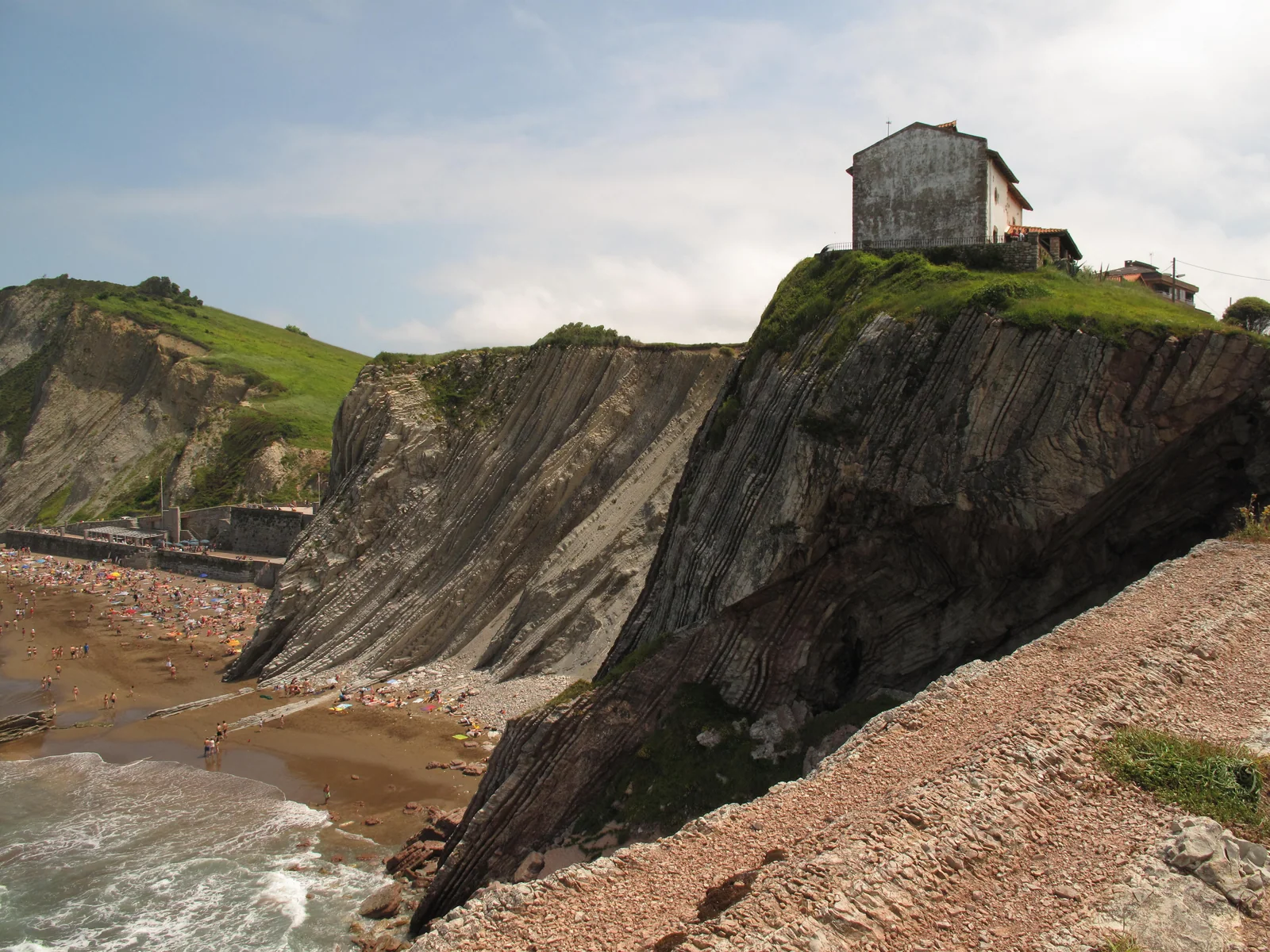 Ermita de San Telmo sobre los estratos de flysch de la playa de Itzurun, Zumaia